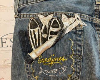 Metallic sardine-appliqué-jeans – Levi 579, maat 34 x 32 x l