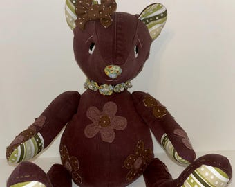 Floral Appliquéd Denim Teddy Bear Made from Upcycled Materials