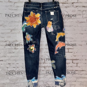 Tropical Theme Appliquéd Jeans, Made to Order in Your Size