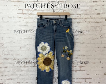 Geappliqueerde en geborduurde jeans met zonnebloem, op bestelling gemaakt in jouw maat