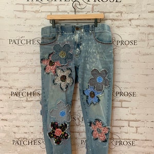 LandofBridget Patchwork Jeans Mens Patched Denim with Patches Boho Hippie Patch Distressed 33x30 Patched Front Back Grunge Hippie Boho Bohemian Handmade