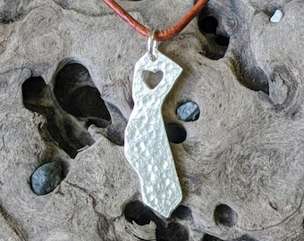 Fine Silver California Necklace: State Pendant with Heart