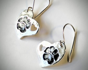 Fine Silver Puppy Paw Print Heart Earrings: Fur Baby Keepsake