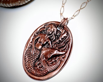 Copper Mermaid & Dolphin Pendant: Precious Metal Clay Nautical Necklace