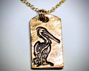 Bronze Pelican Necklace: Handmade Bird Pendant, Seabird Gold Tone Necklace