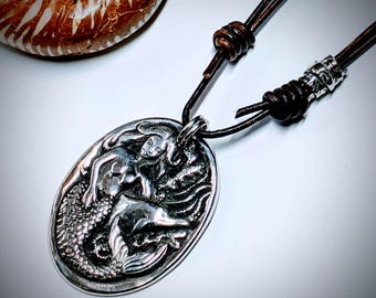 Fine Silver Mermaid & Dolphin Pendant: Precious Metal Clay Nautical Necklace