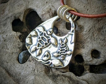 Sea Turtle Pendant, Handcrafted Fine Silver Precious Metal Clay Necklace, Green Turtle Jewelry