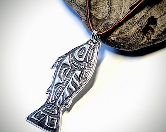 Tribal Salmon Fine Silver Pendant: Inuit Tlingit Necklace - Etsy