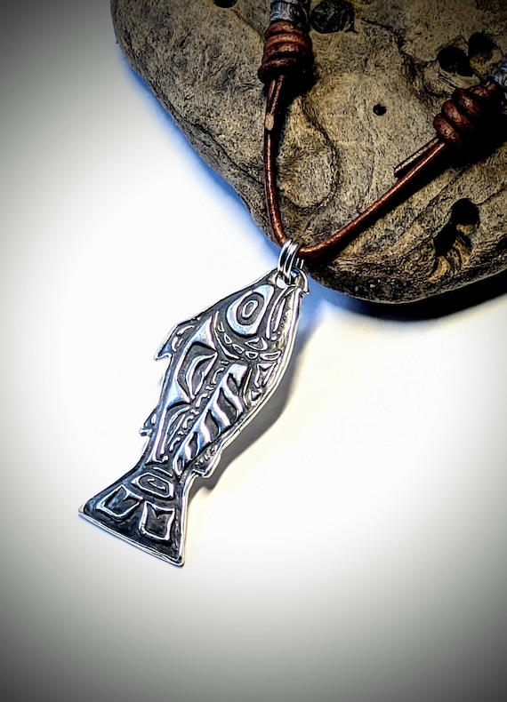 Tribal Salmon Fine Silver Pendant: Inuit Tlingit Necklace
