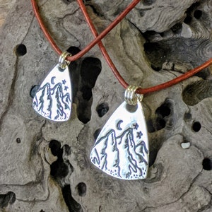 Mountains Fine Silver Pendant, Rocky Mountain Necklace, Moon and Stars Necklace, Mountain Pendant, Mountain Necklace Silver, Hammered Finish