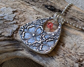 Hibiscus Flower Fine Silver Pendant: Hawaiian Necklace, Swarovski Crystal