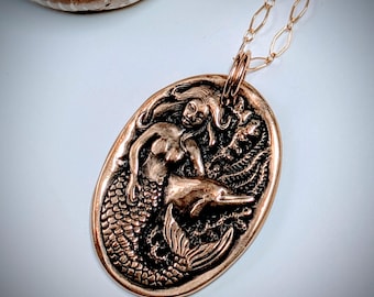 Bronze Mermaid & Dolphin Pendant: Nautical Precious Metal Clay Necklace