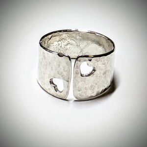 Two Hearts Adjustable Fine Silver Thumb Ring, US 8 1/2, Middle Finger, Pointer Finger, Hammered Finish