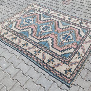 5x7Turkish Rug, Oushak Rug, Vintage Rug, Anatolian, Antique, Hand-Made, Wool, Bohemian, Natural, Kilim - Free Shipping - Size; 5x6.5ft.