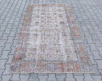 Hand-Knotted Oushak Rug, Vintage Anatolian Wool Carpet, Bohemian Style 4.7x8.3ft
