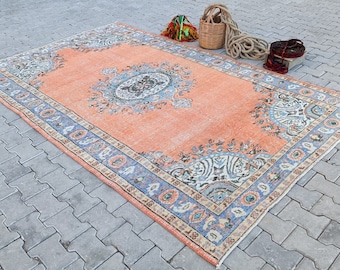 6x10 Turkish Rug, Oushak Rug, Vintage Rug, Anatolian, Antique, Hand-Made, Wool, Bohemian, Natural, Kilim - Free Shipping - Size; 6.1x9.5ft.