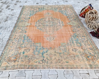 Large Vintage Oushak Rug, Hand-Knotted Wool, Bohemian Turkish Rug (7.1x10.3 ft)