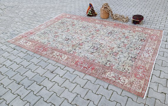 Large Vintage Oushak Rug, Hand-Knotted Wool, Bohemian Anatolian Decor (6.9x10.2ft)