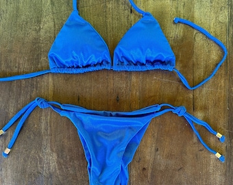 Blue Checker Brazilian Swimwear Set, adjustable top and cheeky side tie bottoms