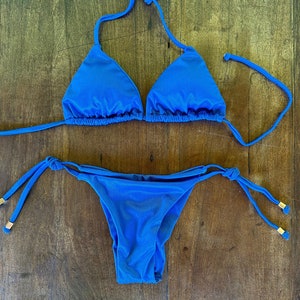 Blue Checker Brazilian Swimwear Set, adjustable top and cheeky side tie bottoms