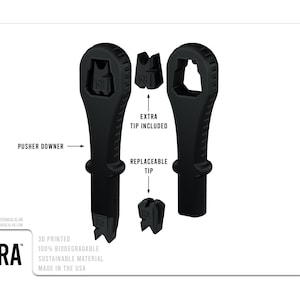 May include: A black 3D printed tool with a replaceable tip. The tool is designed to push down on a surface. The tool is made from 100% biodegradable and sustainable material. The tool is made in the USA.