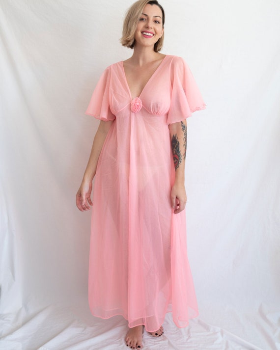 50s/60s VINTAGE Sheer Neon Pink Nightgown