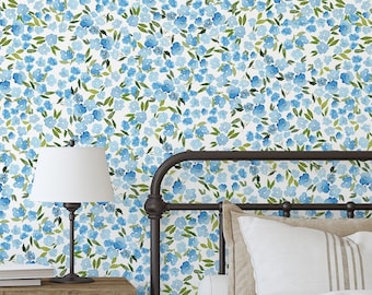 Watercolor Hydrangea Floral Wallpaper / Blue Peel and Stick Wallpaper / Removable Wallpaper