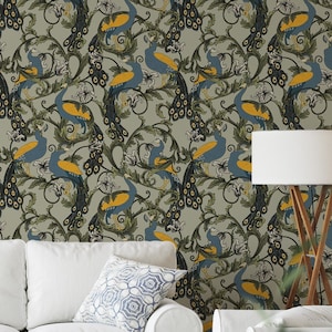 Vintage Style Peacock Wallpaper / William Morris Style Peel and Stick Wallpaper / Self-Adhesive Wallpaper/ Removable Wallpaper