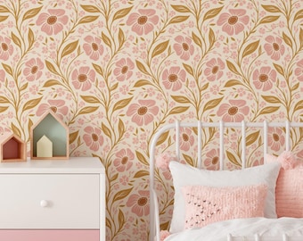 Pink Floral Peel and Stick Wallpaper / Removable Wallpaper