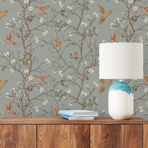 Hummingbird Chinoiserie Wallpaper / Bird Peel and Stick Wallpaper / Removable Wallpaper