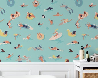 Swimmers Peel and Stick Wallpaper | Summer Wallpaper | Beach Wallpaper | Tropical | Self-Adhesive Wallpaper