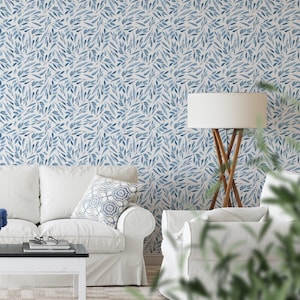 Blue Watercolor Leaves Peel and Stick Wallpaper