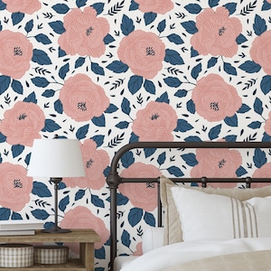 Navy and Pink Floral Peel and Stick Wallpaper