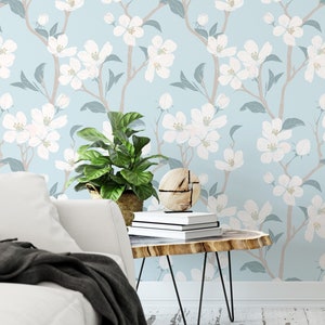White Cherry Blossom Chinoiserie Peel and Stick Wallpaper / Removable Wallpaper