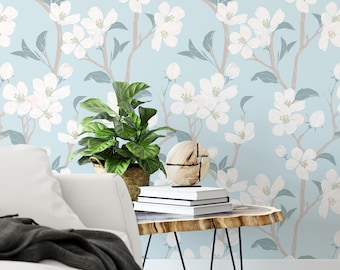 White Cherry Blossom Chinoiserie Peel and Stick Wallpaper / Removable Wallpaper
