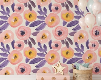 Pink and Purple Flowers Wallpaper / Removable Wallpaper/ Peel & Stick