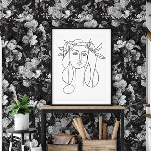 Vintage Black and White Floral Peel and Stick Wallpaper / Removable Wallpaper