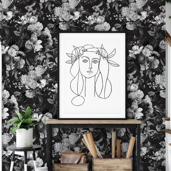 Vintage Black and White Floral Peel and Stick Wallpaper / Removable Wallpaper