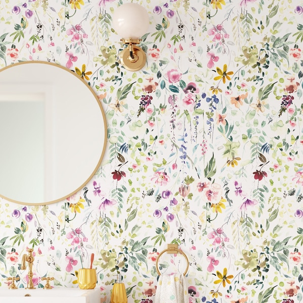 Watercolor Wildflowers Peel and Stick Wallpaper / Removable Wallpaper