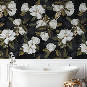 bathroom with a bathtub and Southern Magnolia Flower, Floral Wall Peel and Stick Wallpaper