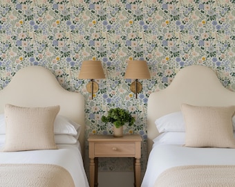 Blue and Blush Wildflowers Peel and Stick Wallpaper: Cottage Core Decor