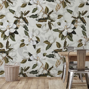 kitchen table with metal chairs and bathroom with a bathtub and White Southern Magnolia Flower, Floral Wall Peel and Stick Wallpaper