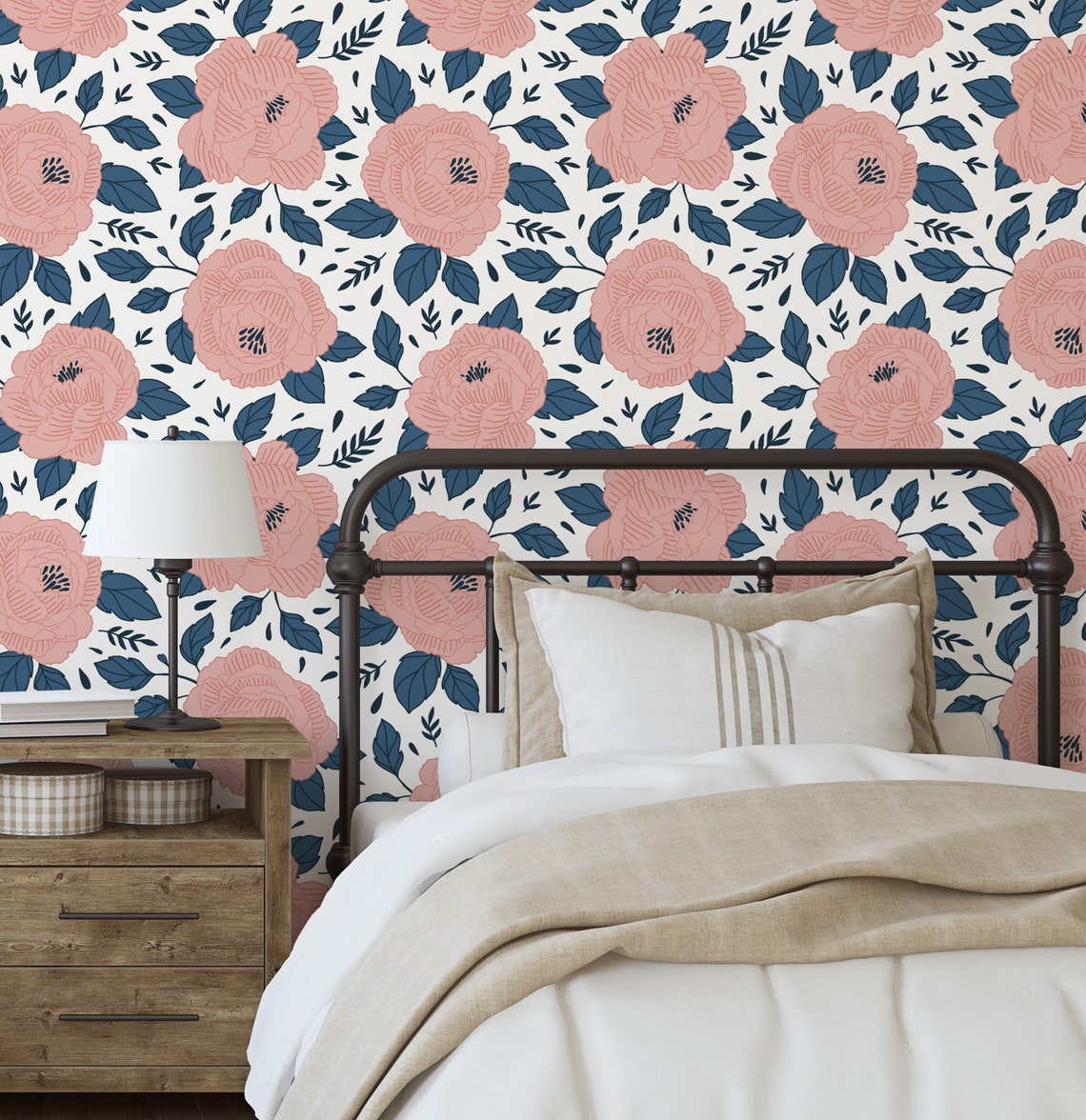 Navy and Pink Flowers Floral Peel and Stick Wallpaper / Etsy