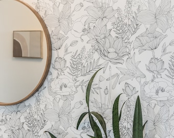 Black and White Floral Peel and Stick Wallpaper - Removable Wallpaper - Self-Adhesive - Floral Pattern