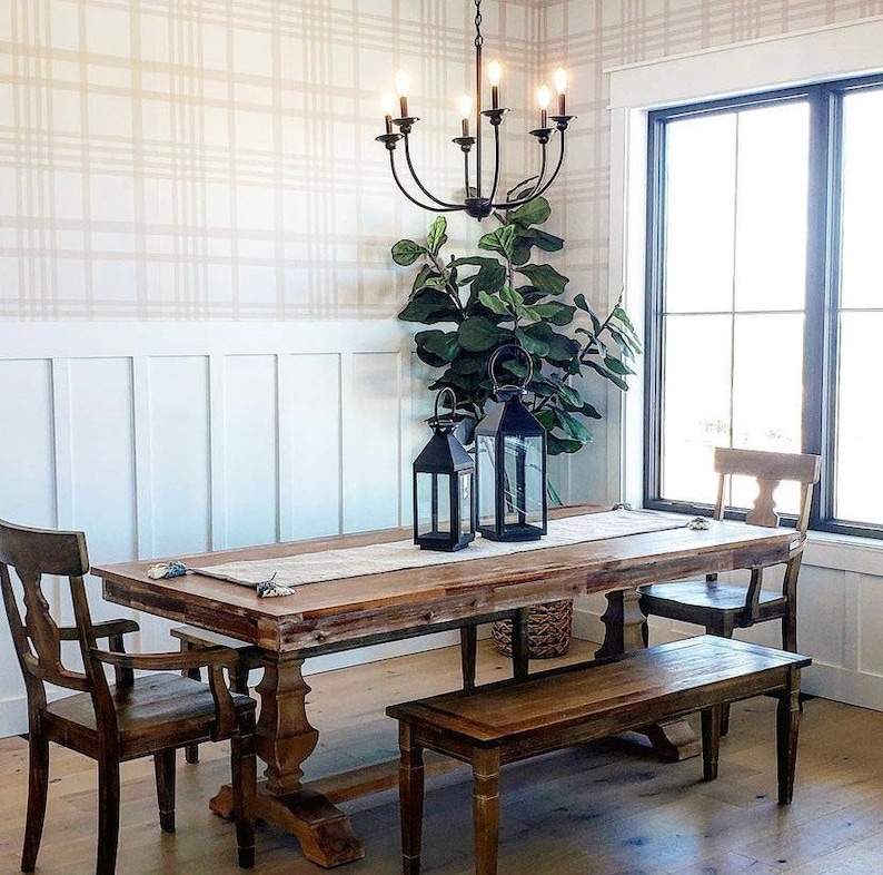 beige plaid wallpaper in a dining room