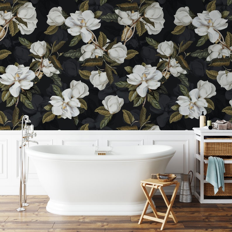bathroom with a bathtub and Southern Magnolia Flower, Floral Wall Peel and Stick Wallpaper