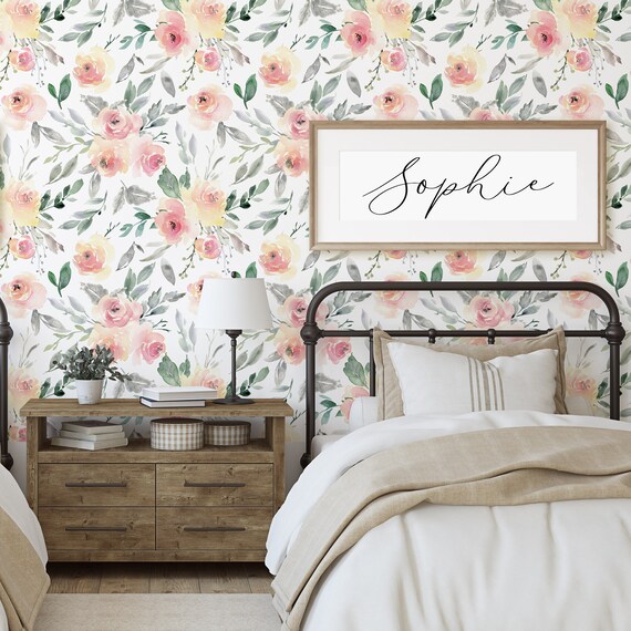 Pink Blush Watercolor Floral Peel and Stick Wallpaper | Etsy
