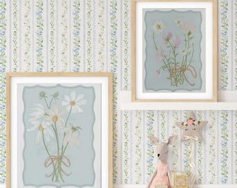 Flowers and Stripes Peel and Stick Wallpaper: Blue Pink Cottagecore