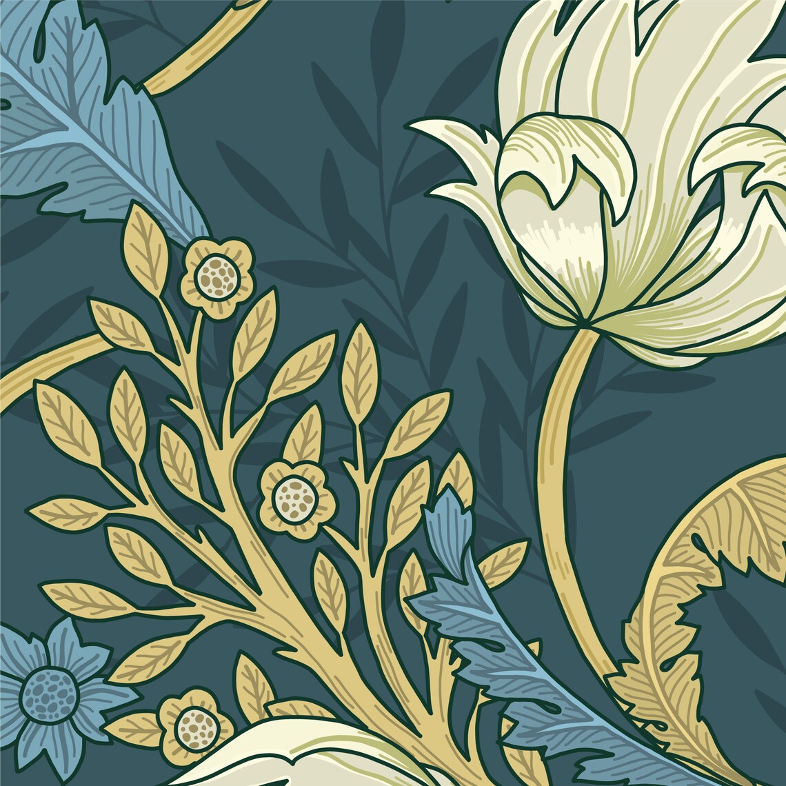 Vintage Style Blue and Gold Floral Peel and Stick Wallpaper / Etsy