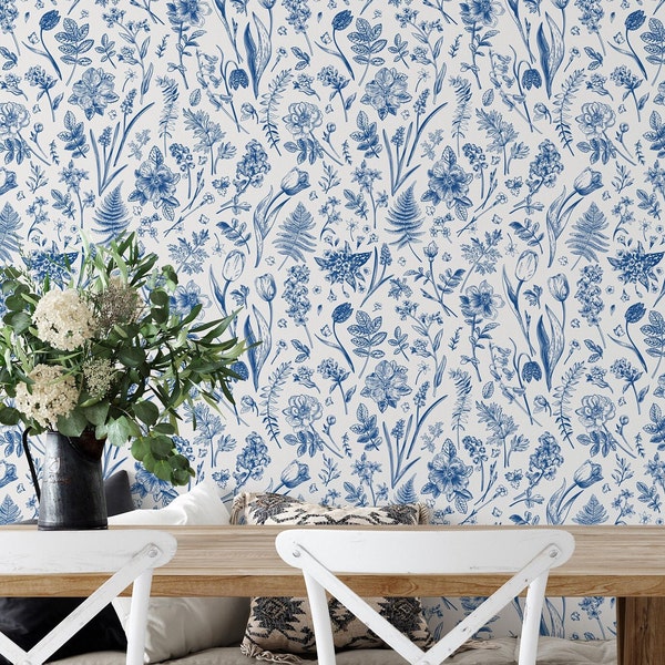 Blue Botanical Peel and Stick Wallpaper - Removable Wallpaper - Self-Adhesive - Floral and Botanical Pattern